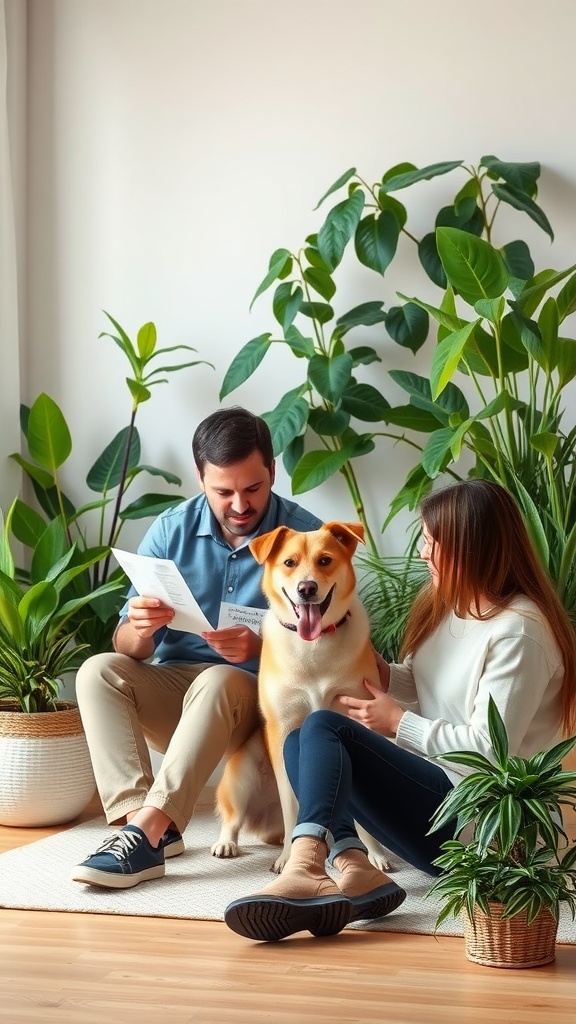 A couple sitting with their dog surrounded by indoor plants, discussing plant care.