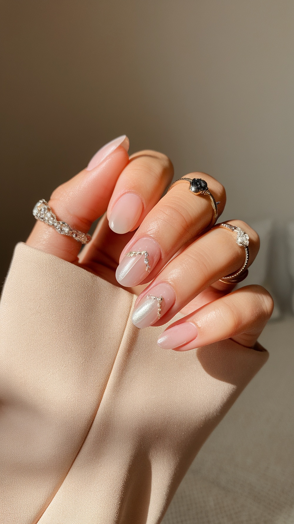 A close-up of a hand with rounded nails, featuring a soft pink color and delicate nail art, adorned with rings.