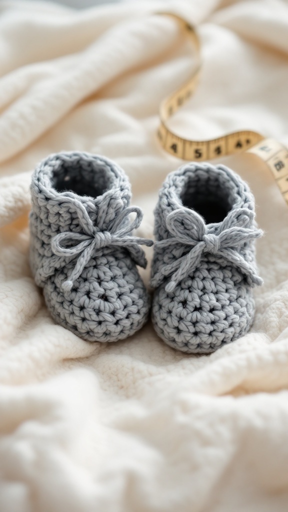 A pair of gray crochet baby booties on a soft blanket with a measuring tape nearby