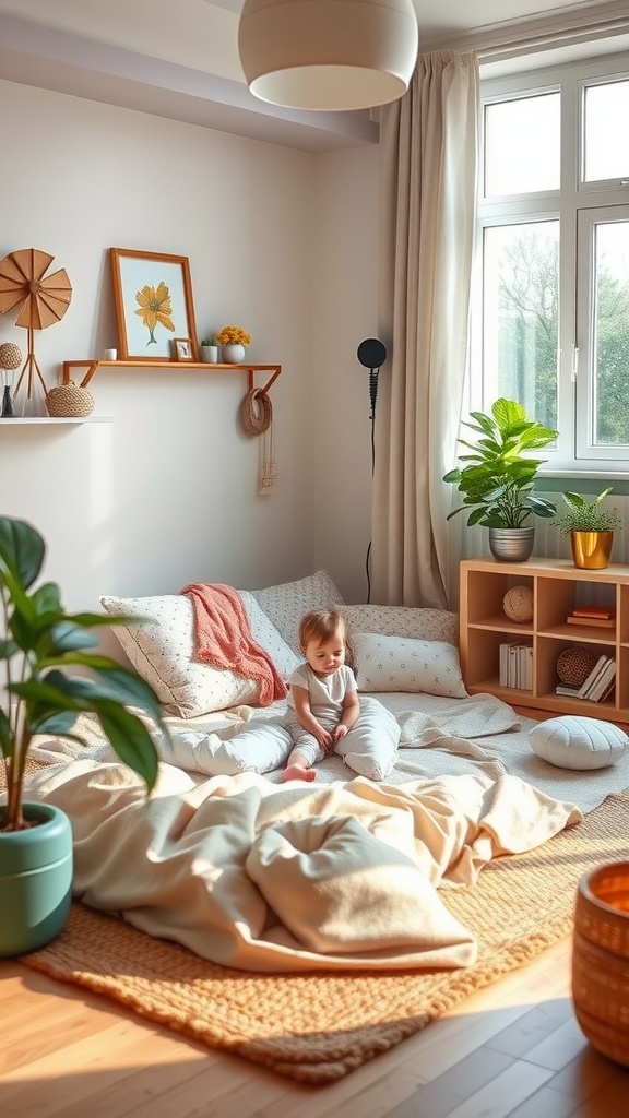 A toddler sitting on a cozy floor bed surrounded by pillows and blankets in a bright room.