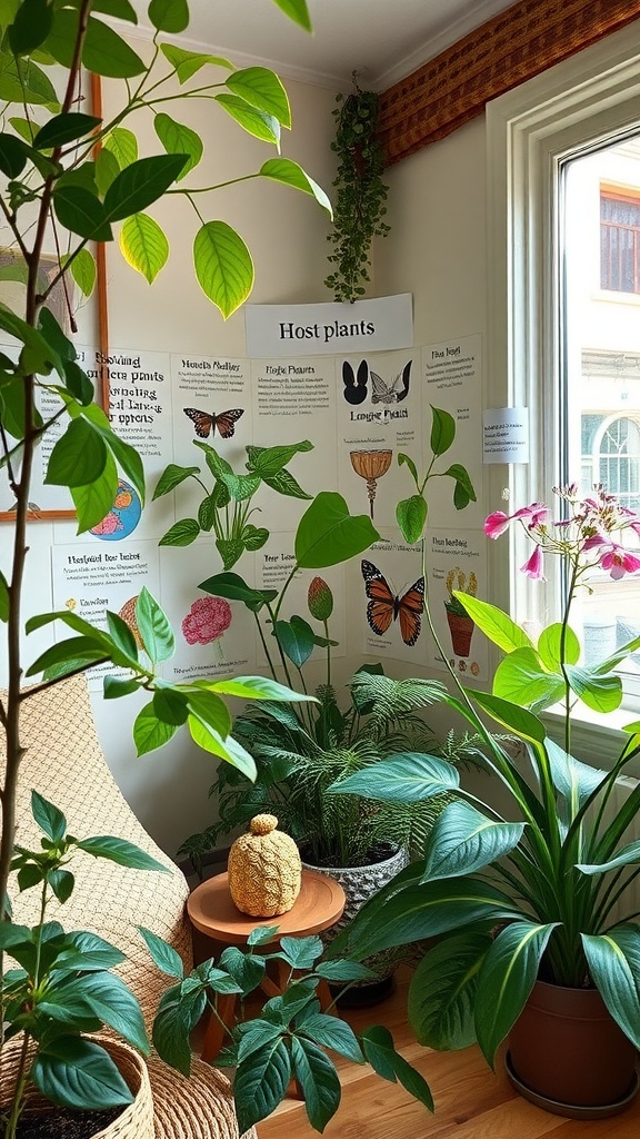 A cozy corner featuring various plants with a poster displaying information about butterfly host plants.