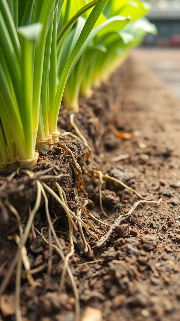 Close-up of green plants with visible roots in rich soil