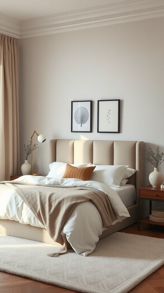 A cozy bedroom featuring a neutral color palette, a neatly made bed with textured throws, and elegant decor.
