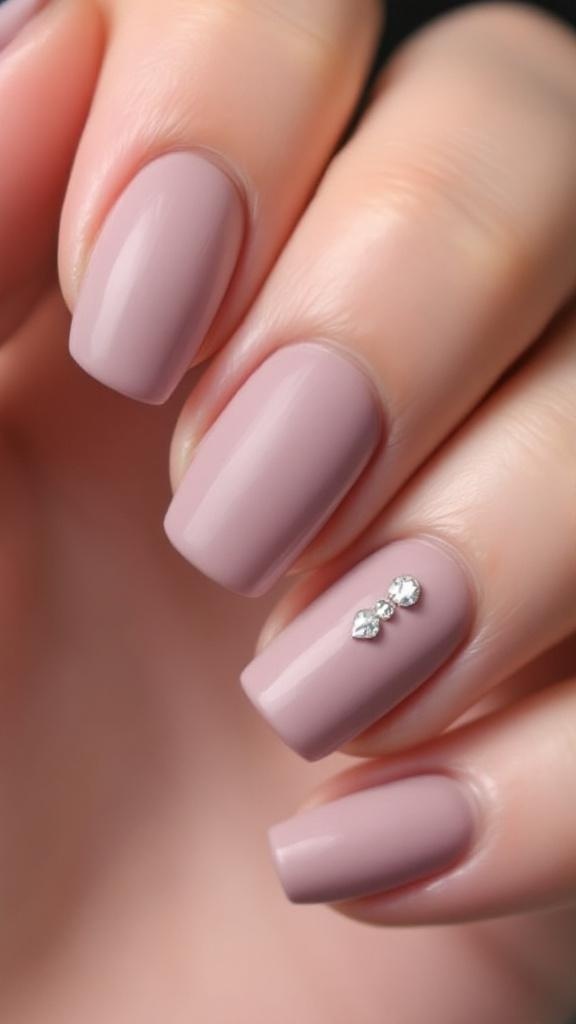 Close-up of hands with soft pink matte nails featuring single rhinestones, adorned with gold rings.