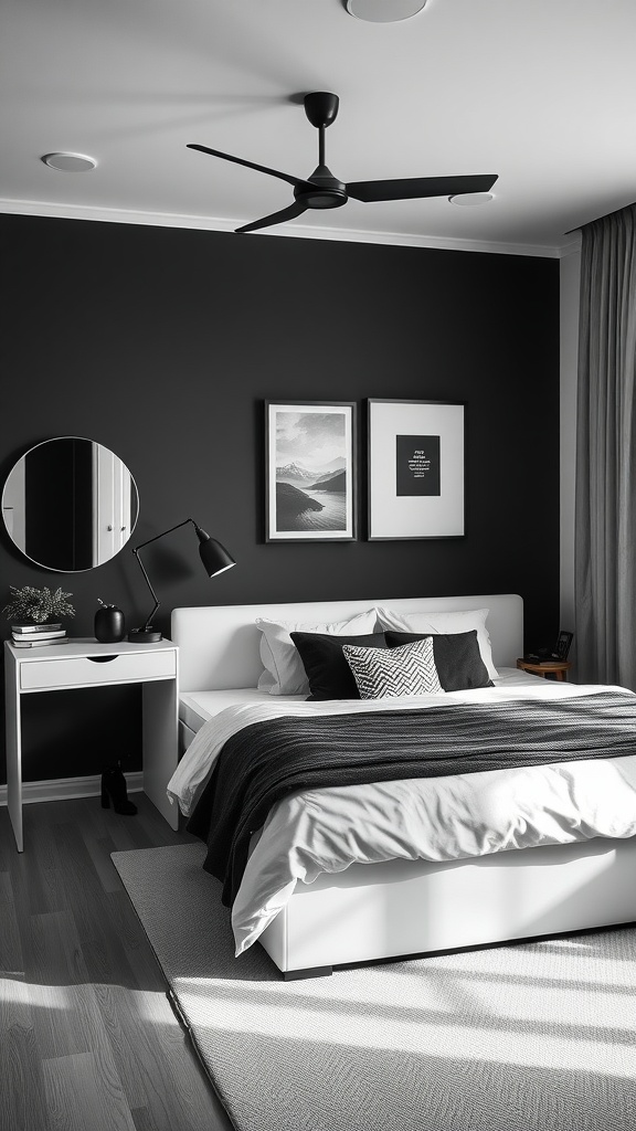 A stylish bedroom featuring a black wall, white bed, and minimalist decor.