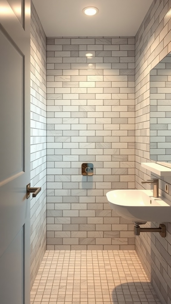 A small bathroom with gray and white tiles, featuring a modern sink and minimalist design.