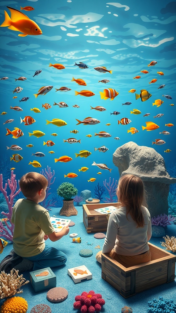 Children exploring an underwater scene filled with colorful fish and coral while solving puzzles.