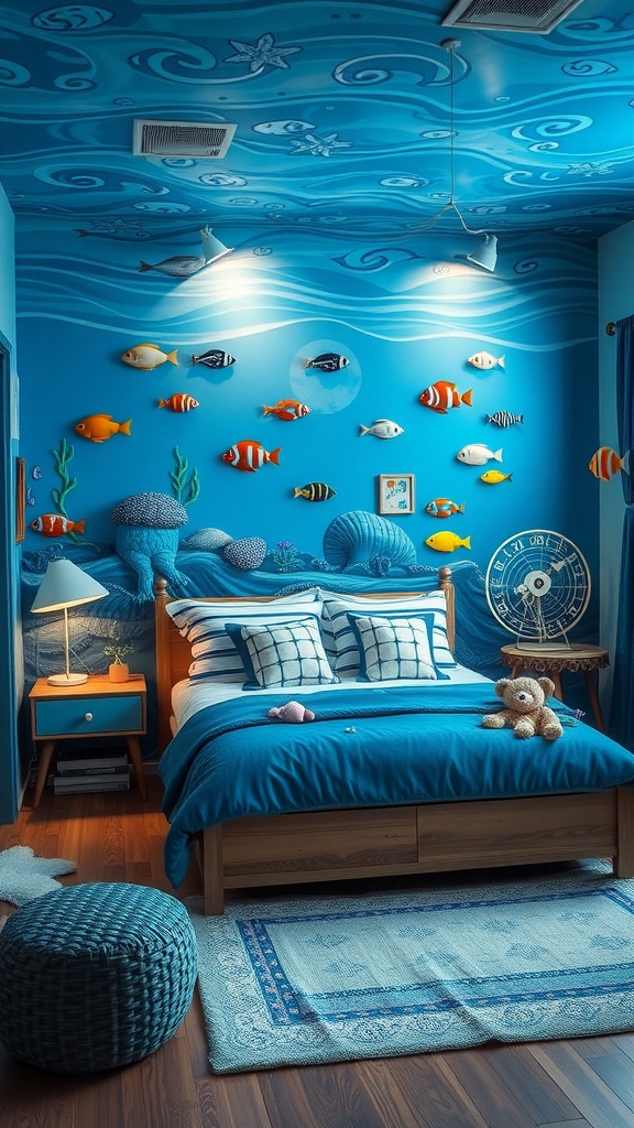 A children's bedroom designed with an underwater adventure theme, featuring blue walls, colorful fish decorations, and a cozy bed.