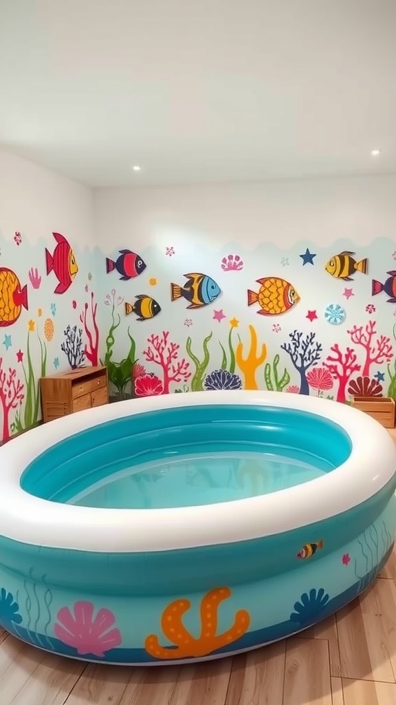 An inflatable pool with underwater-themed decor and colorful fish murals on the walls.