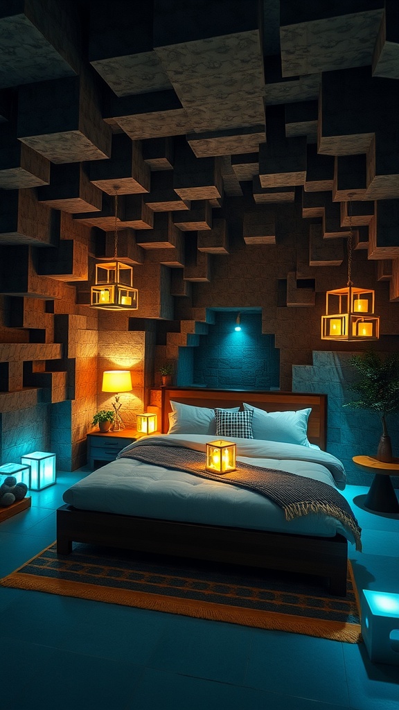 A cozy bedroom designed like an underwater cave with blocky walls, soft lighting, and a comfortable bed.
