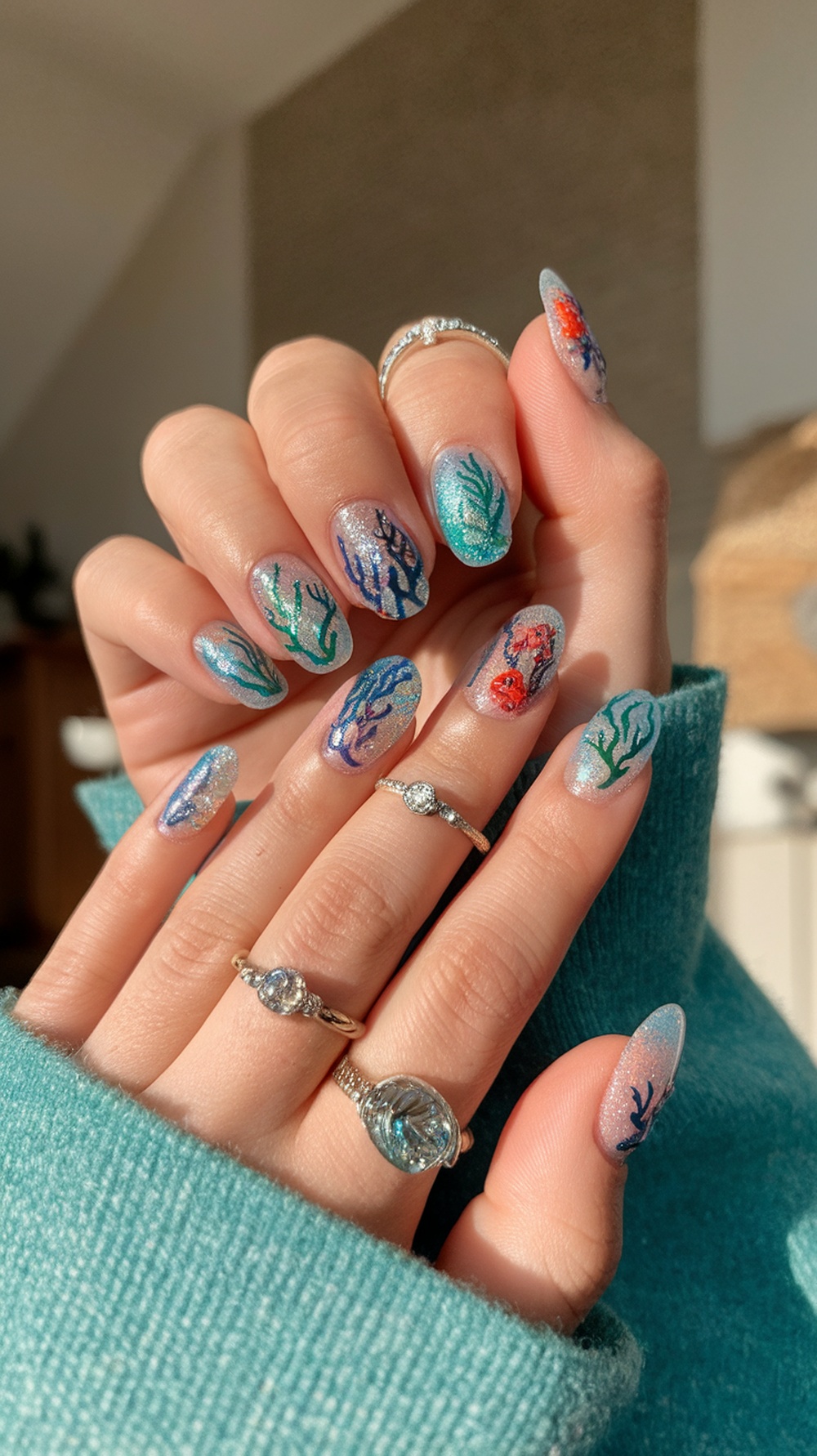 A close-up of beautifully designed underwater glitter nails featuring coral and seaweed patterns.