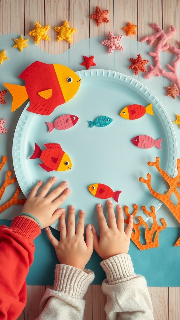 A colorful underwater scene created with paper plates, featuring fish, coral, and starfish.