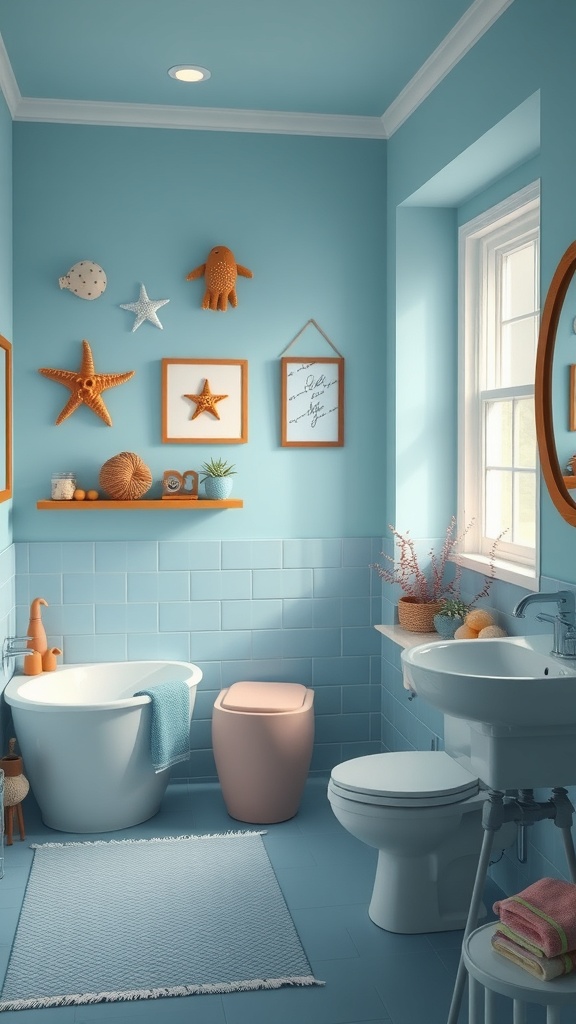 A bright bathroom with blue walls, decorated with starfish and seashells, featuring a white bathtub and a pink trash can.