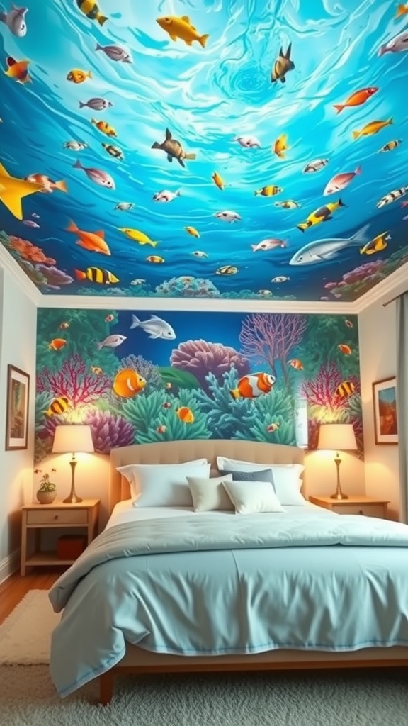 A bedroom with a painted ceiling depicting an underwater scene filled with colorful fish and coral.