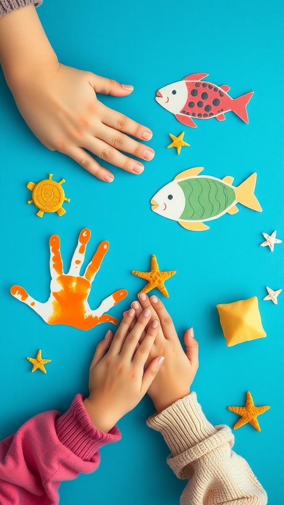 Hands creating underwater scene with fish and sea creatures using handprints and craft materials