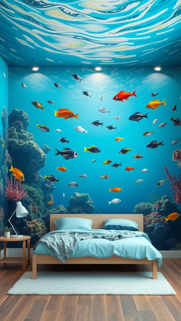 A bedroom featuring a vibrant underwater seascape mural with colorful fish and corals.