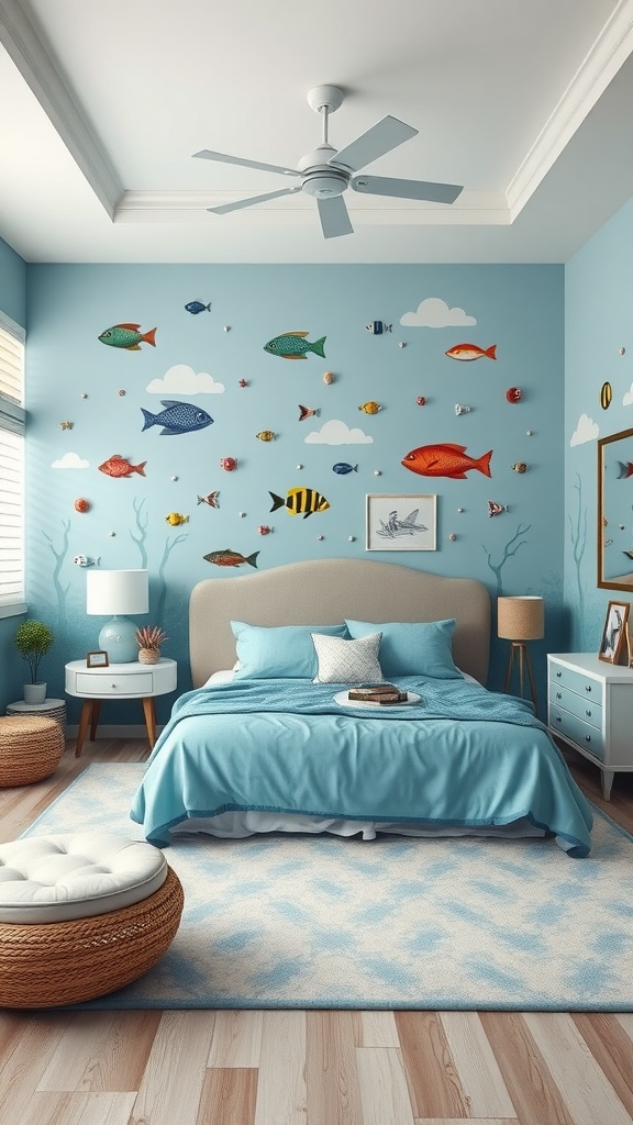 A preschooler bedroom decorated with an underwater theme, featuring blue walls, colorful fish, a cozy bed, and playful decor.