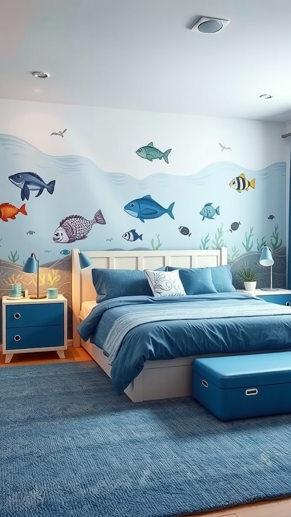 A cozy boy's bedroom designed with an underwater theme featuring fish murals and blue decor.
