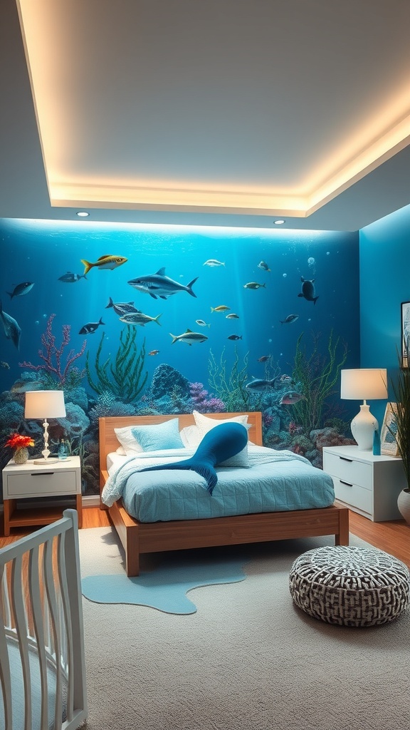 A boy's bedroom designed with an underwater theme, featuring a mural of ocean life, a wooden bed, and playful decor.