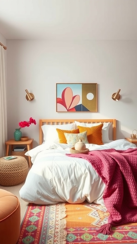 A Scandinavian boho bedroom featuring vibrant colors and cozy decor.