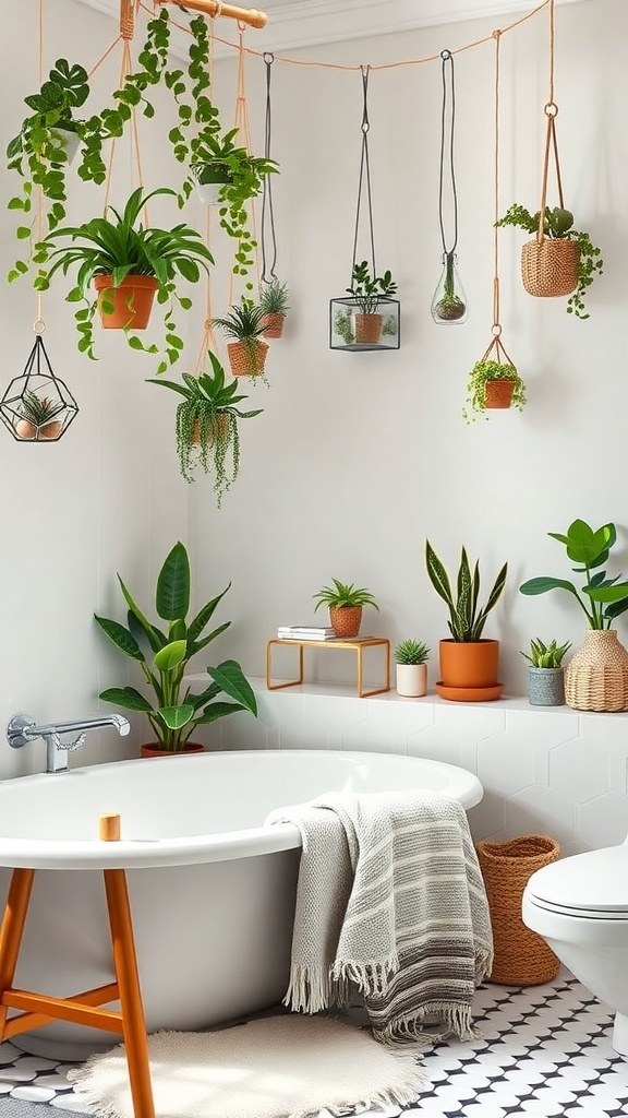 A stylish bathroom featuring various hanging and potted plants, creating a vibrant and fresh atmosphere.