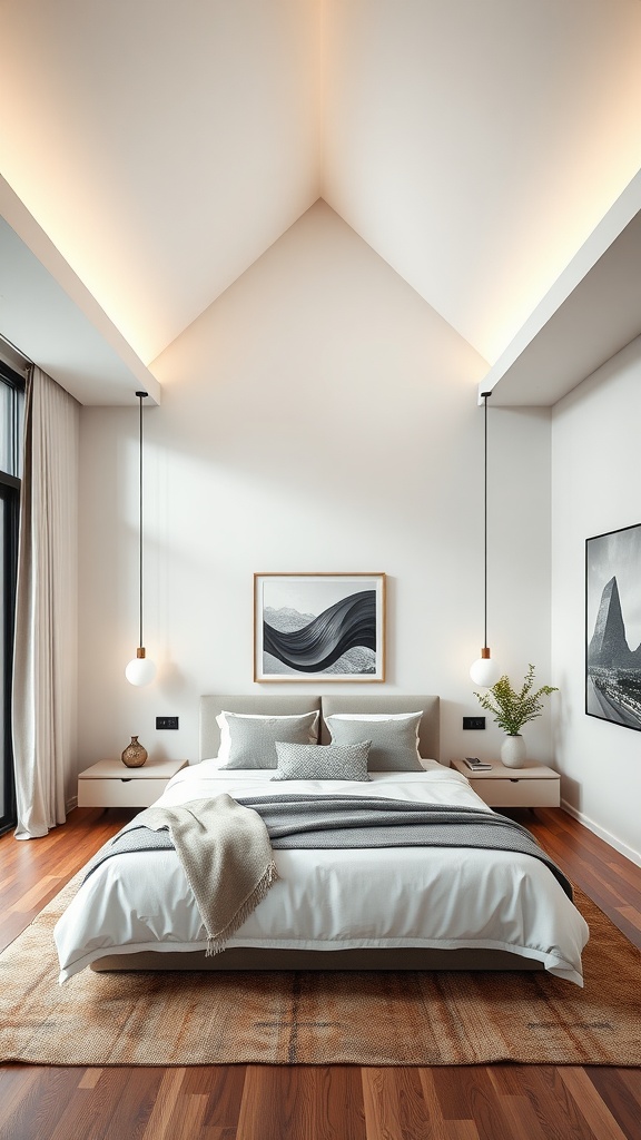 A modern bedroom with a triangular ceiling design and warm lighting