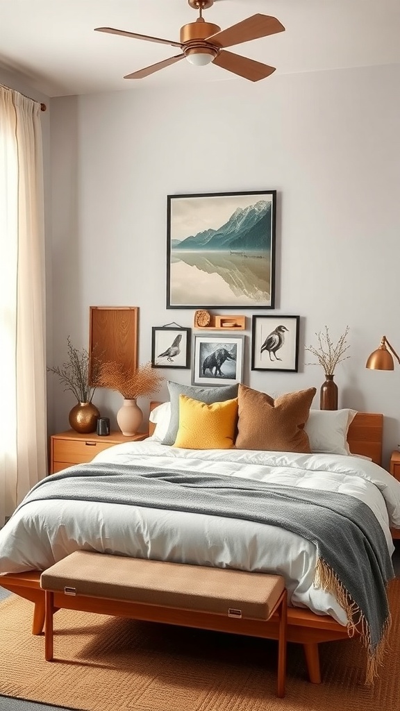 A mid-century modern bedroom featuring a bed with decorative pillows, wooden furniture, and nature-themed artwork on the wall.