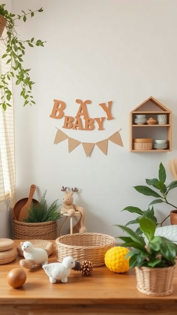 A cozy baby shower setting with decorative elements like the word 'Baby' on the wall, playful toys, and craft supplies.