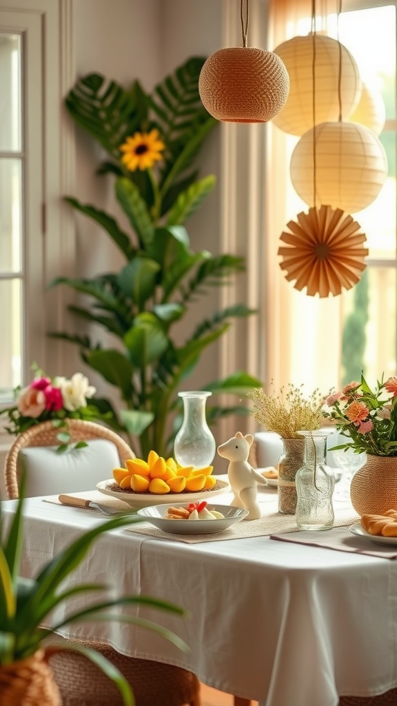 A beautifully decorated table for a summer baby shower featuring tropical fruits, flowers, and soft lighting.