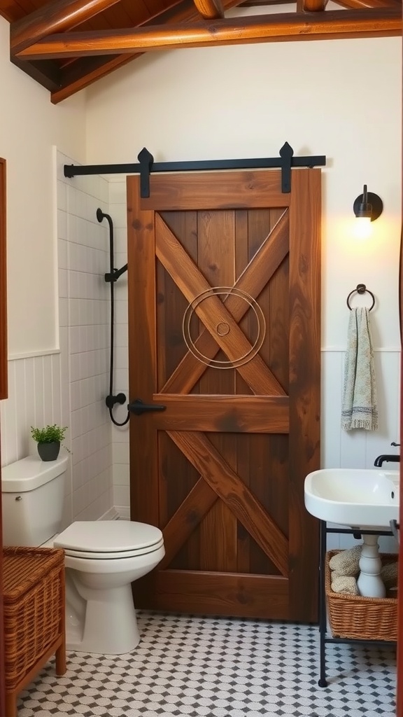 Rustic bathroom featuring a unique barn door shower
