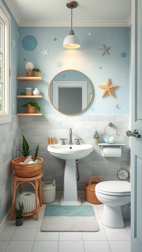 A beautifully decorated kids' bathroom with a celestial theme, featuring blue walls with stars and moons, a round mirror, wooden shelves, and plants.