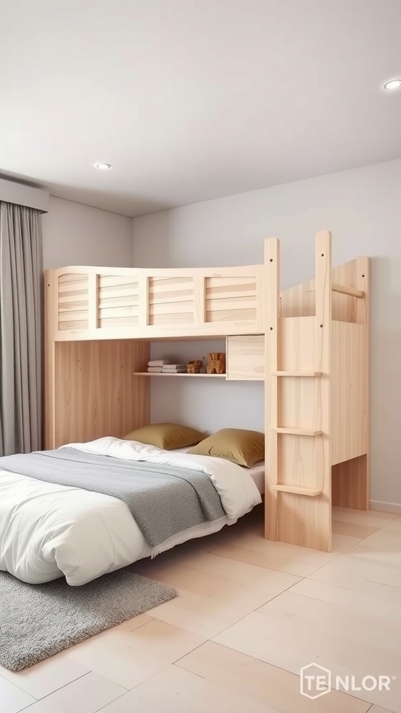 A modern loft bed with natural wood finish, featuring a cozy sleeping area and storage shelves underneath.