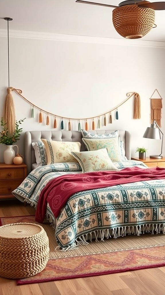 A bohemian styled bedroom featuring a bed with patterned bedding, colorful throw pillows, and a cozy blanket.