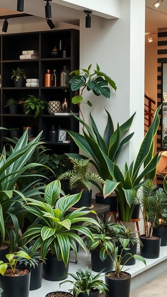 A variety of house plants in black pots, showcasing unique black plant varieties and lush greenery.