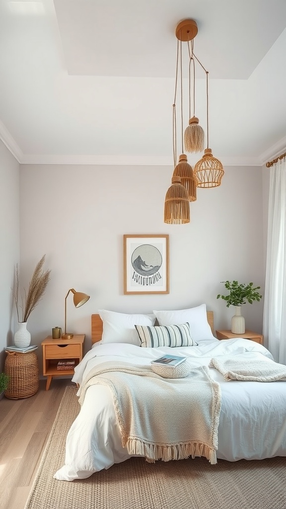 Scandinavian boho bedroom with woven pendant lights hanging from the ceiling