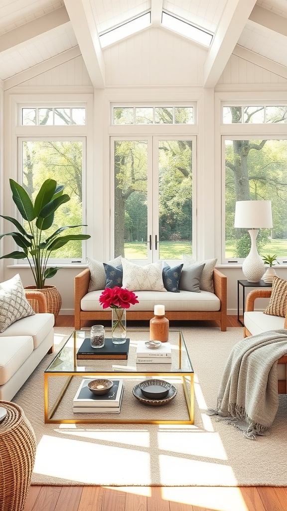 A bright sunroom with a stylish coffee table featuring a glass top and golden frame, adorned with flowers and decorative items.