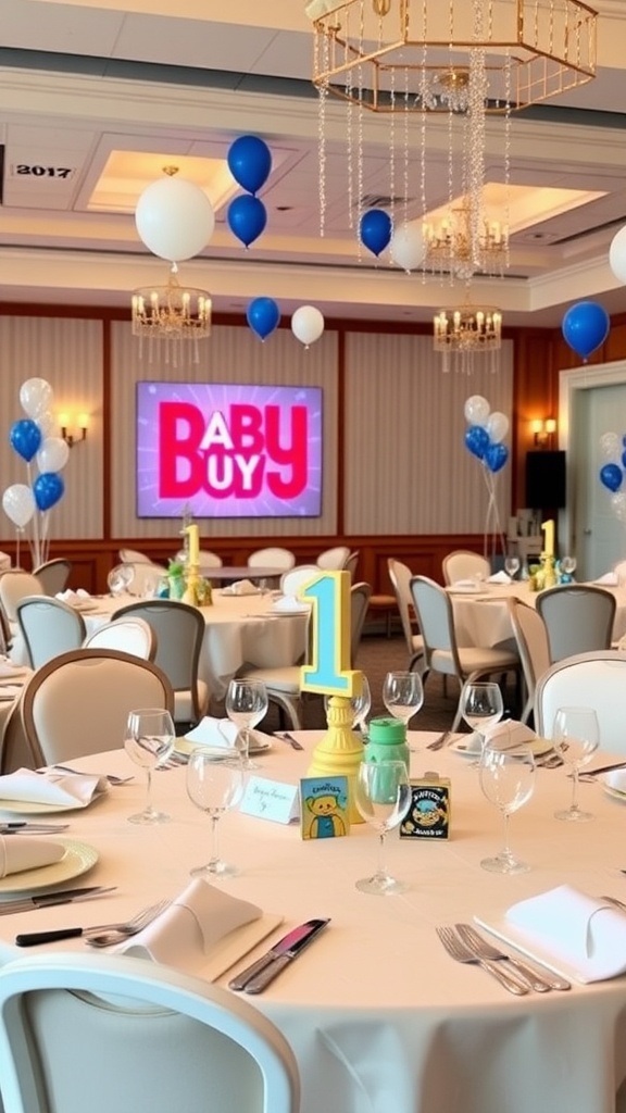 A birthday party setup featuring blue and white balloons, elegant table settings, and a yellow '1' centerpiece.