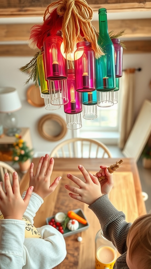 Colorful chandelier made from glass bottles, with children reaching up to it.
