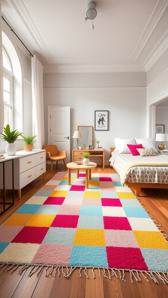 A colorful checkerboard rug in a stylish bedroom, featuring pink, yellow, and blue squares.