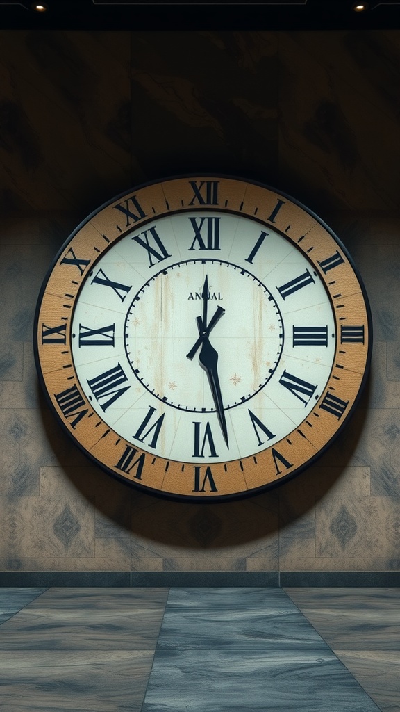 A large vintage-style wall clock with Roman numerals on a textured wall.