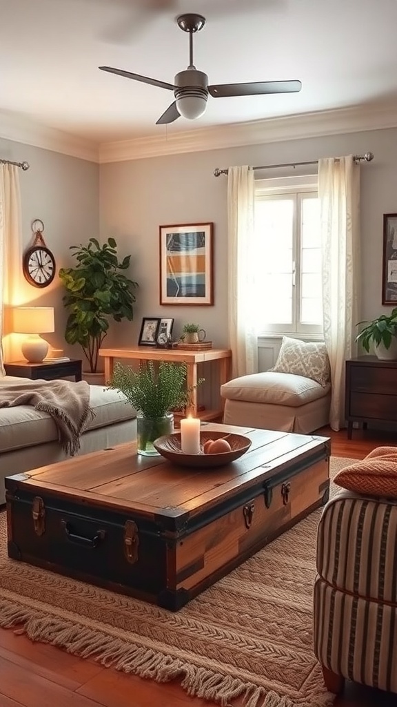 A cozy bohemian living room featuring a unique wooden coffee table styled as a vintage trunk, surrounded by plants and warm lighting.