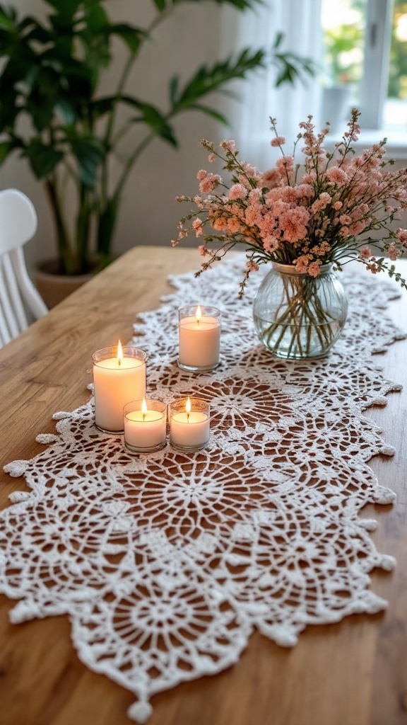 A crochet table runner on a wooden dining table with candles and flowers.