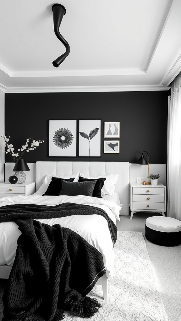 A monochrome bedroom featuring a unique light fixture, wall art, and stylish bedding.