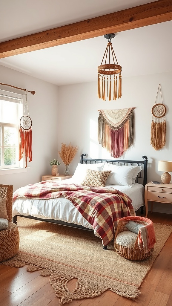 A cozy bohemian bedroom featuring a plaid blanket, woven rug, macramé wall hangings, and a unique light fixture.