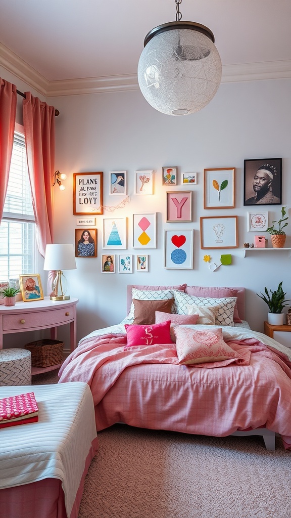 A cozy and stylish tween girl's bedroom with pink accents, a gallery wall, and colorful decor.
