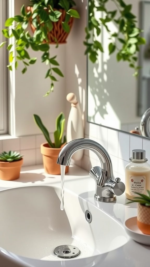 A modern faucet over a white sink with flowing water, surrounded by plants and colorful accessories in a bright kids' bathroom.
