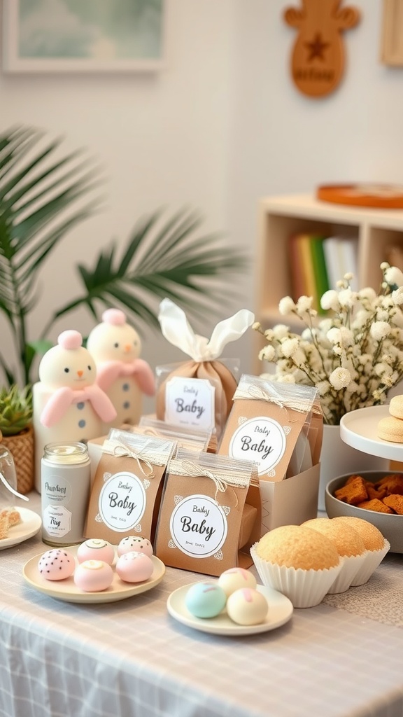 A beautifully arranged table featuring cute baby shower favors and treats, including decorated bags, desserts, and small jars.