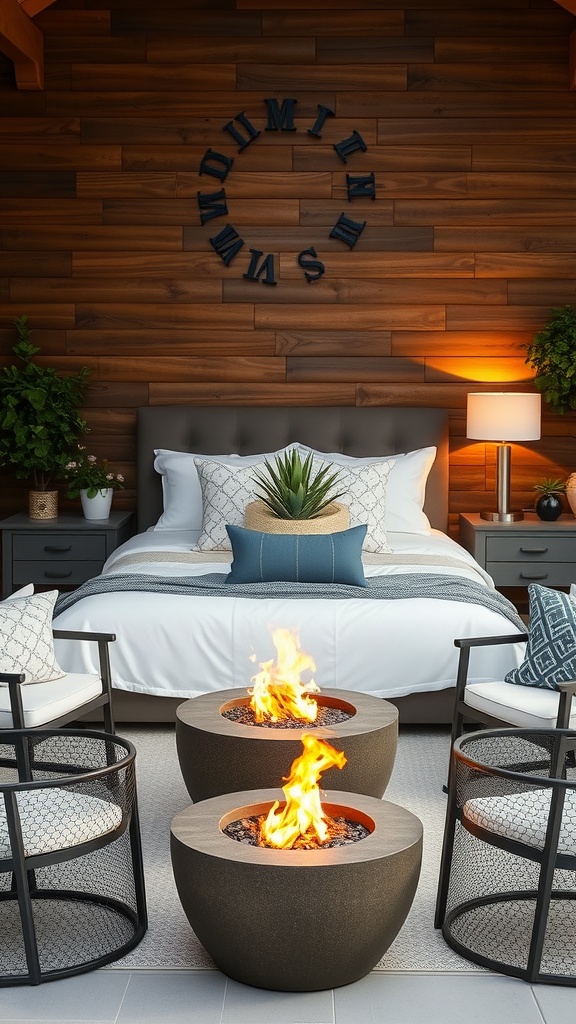 A cozy outdoor setup featuring two modern fire pits surrounded by comfortable seating.