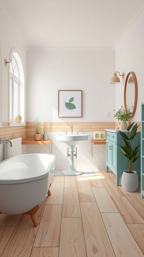 A stylish bathroom featuring wood-like flooring, a freestanding tub, and a modern sink.