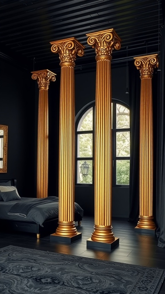 A black and gold bedroom featuring tall gold decorative pillars, a dark bed, and large windows.
